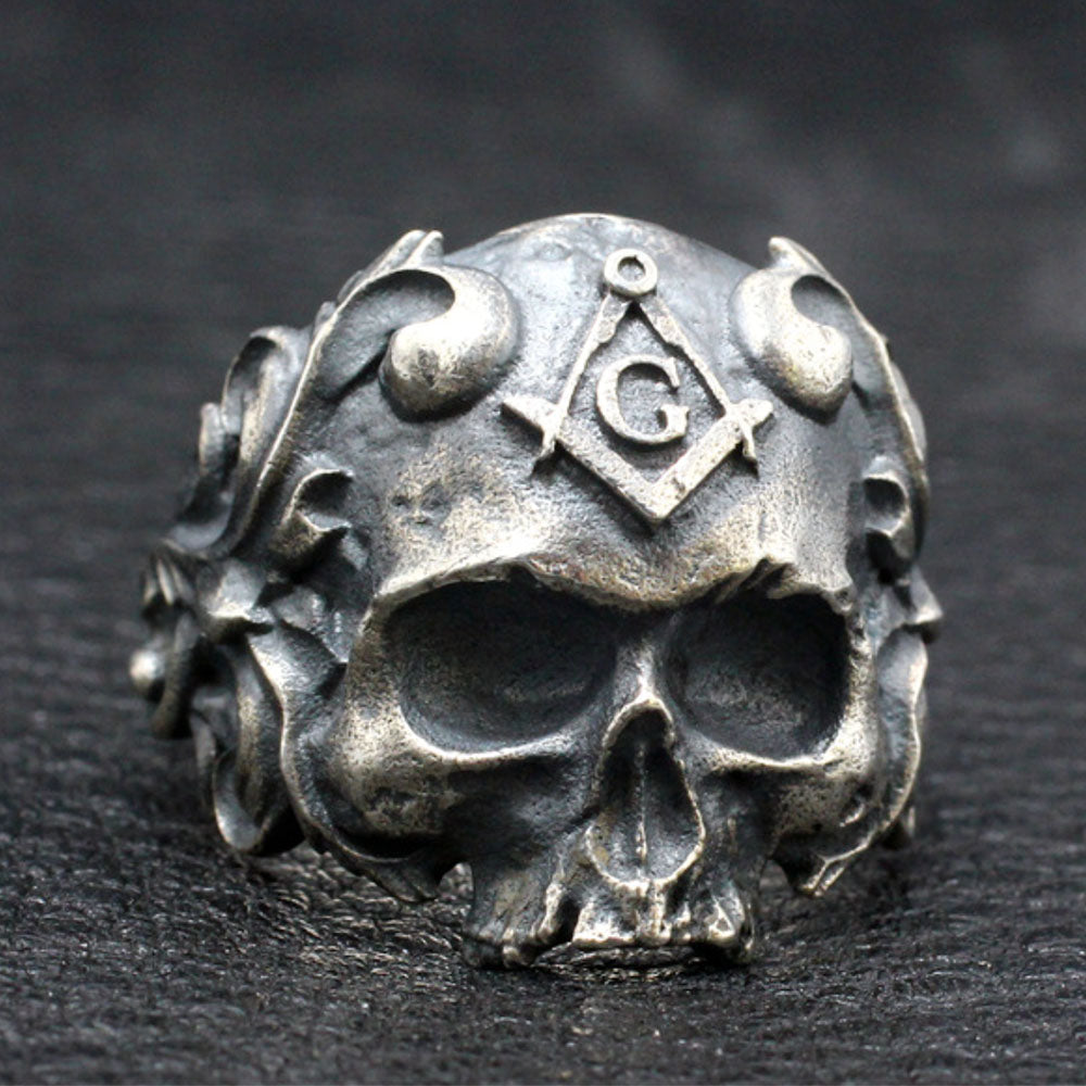 Men's Sterling Silver Masonic Skull Ring - Main Image