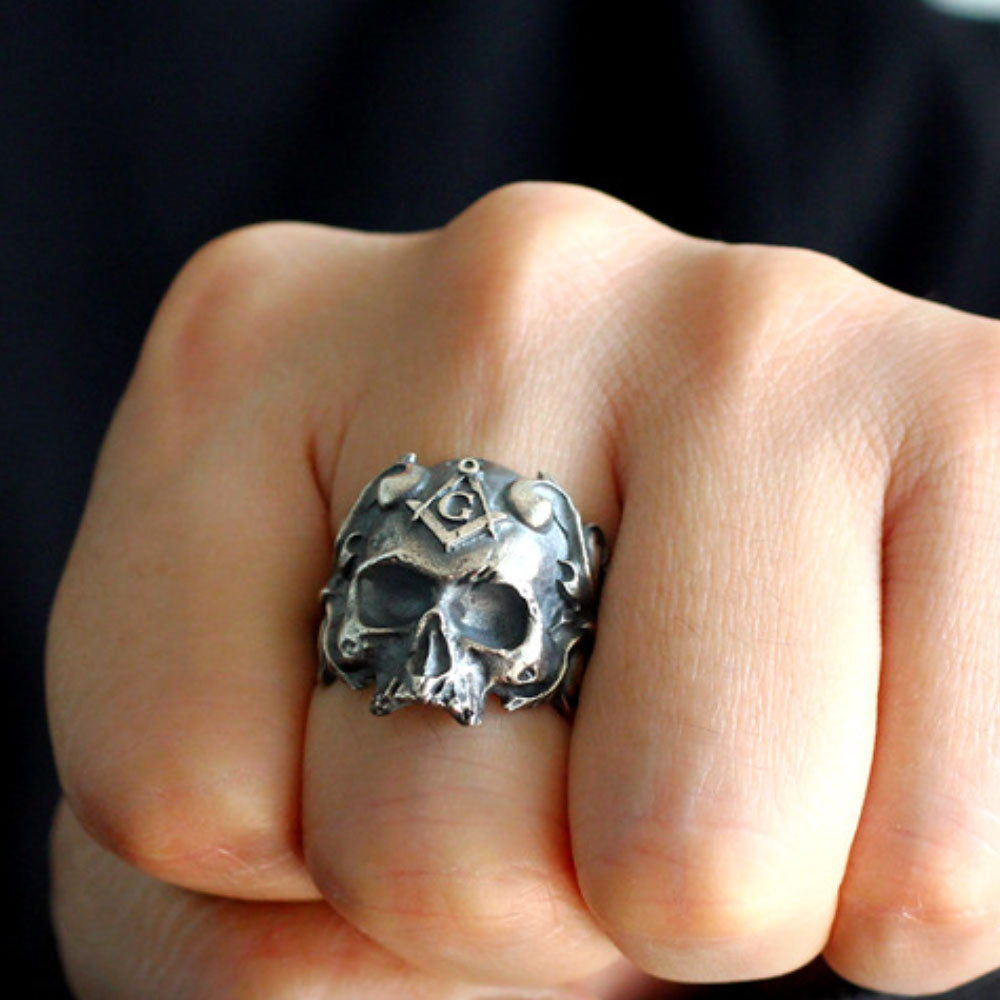 Men's Sterling Silver Masonic Skull Ring