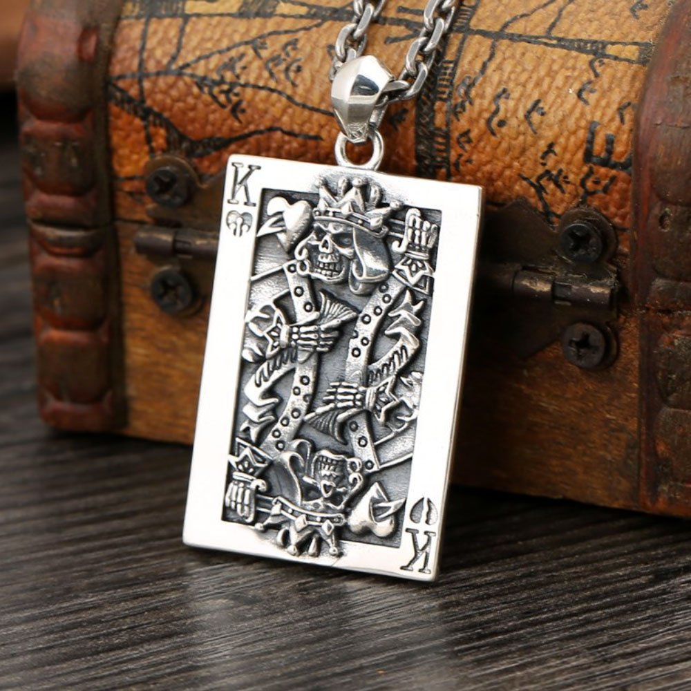 Men's Sterling Silver Poker King Skull Pendant Necklace