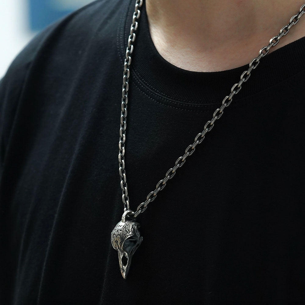 Men's Sterling Silver Raven Skull Pendant Necklace