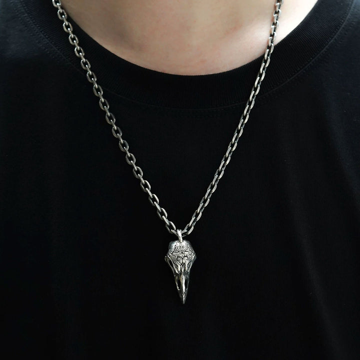 Men's Sterling Silver Raven Skull Pendant Necklace