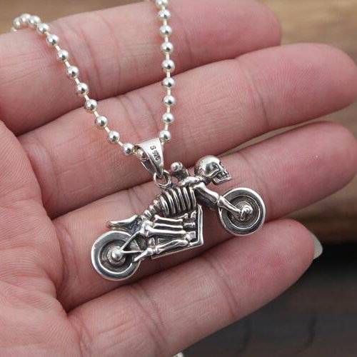 Men's Sterling Silver Skull Biker Necklace