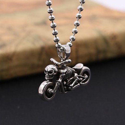 Men's Sterling Silver Skull Biker Necklace