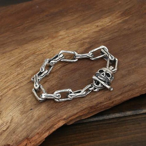 Men's Sterling Silver Skull and Bones Bracelet