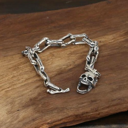 Men's Sterling Silver Skull and Bones Bracelet