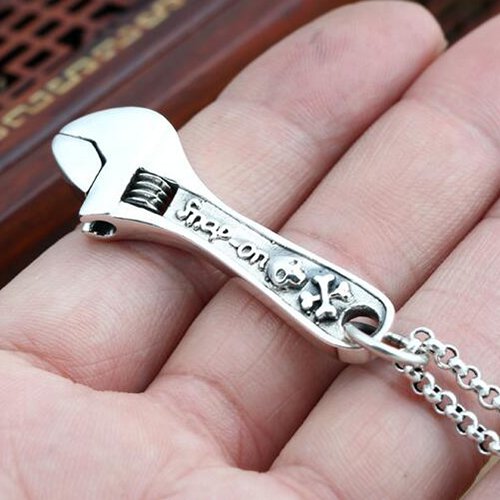 Men's Sterling Silver Skull Wrench Necklace