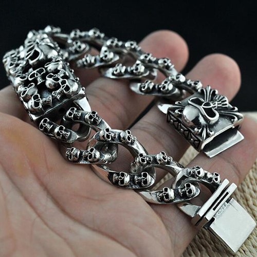 Skull Biker Bracelets For Men Sterling Silver Mens Skull Bracelets
