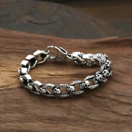 Men's Sterling Silver Skulls Link Chain Bracelet