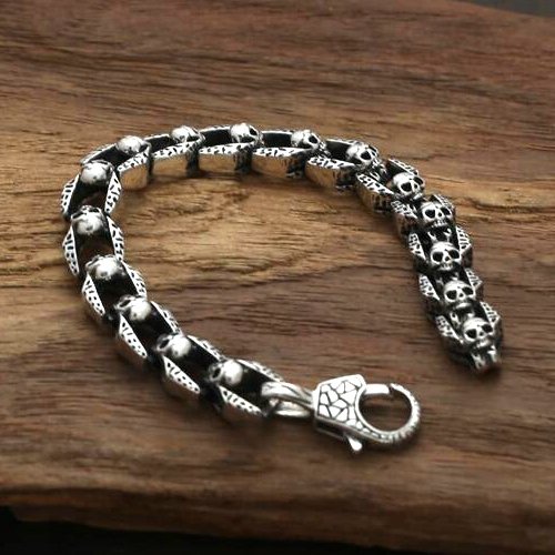 Men's Sterling Silver Skulls Link Chain Bracelet