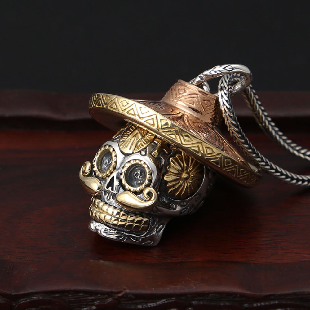 Men's Sterling Silver Sombrero Skull Necklace