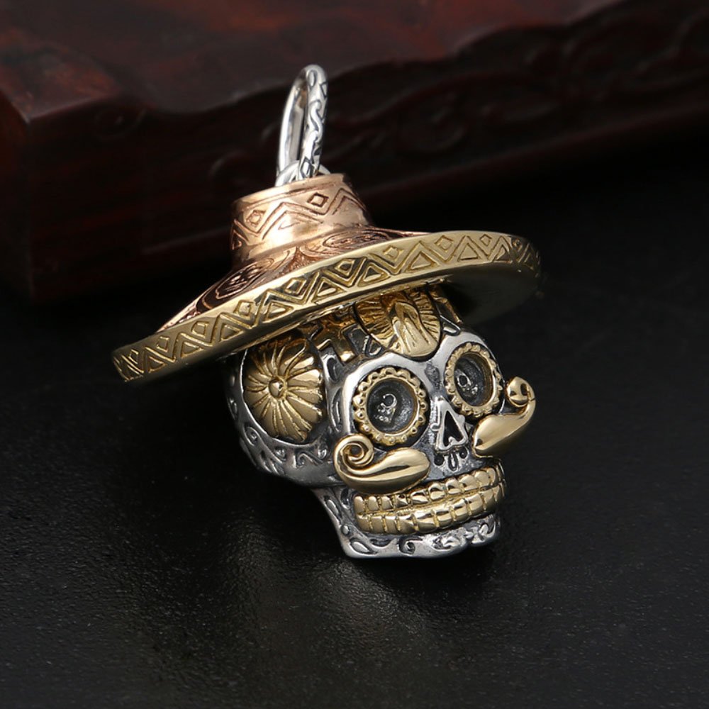 Men's Sterling Silver Sombrero Skull Necklace