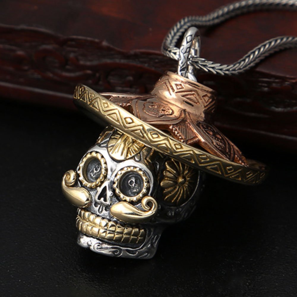 Men's Sterling Silver Sombrero Skull Necklace