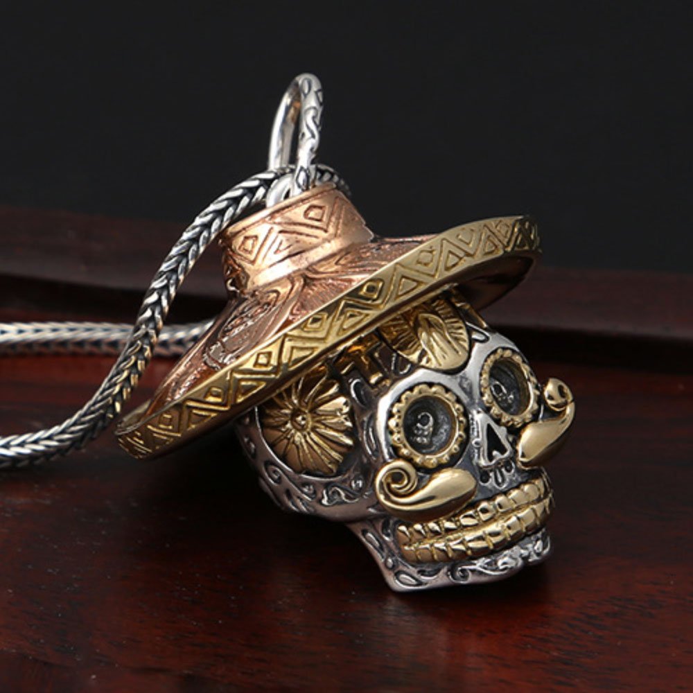 Men's Sterling Silver Sombrero Skull Necklace