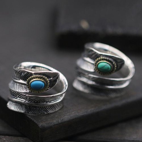 Mens Sterling Silver Turquoise Feather Wrap Ring