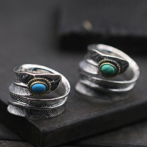 Men's Sterling Silver Turquoise Feather Wrap Ring