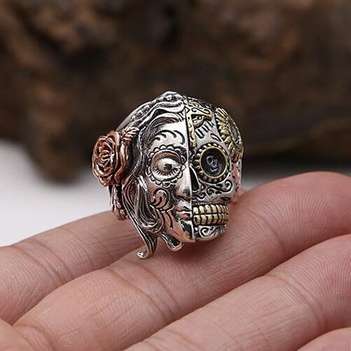 Men's Sterling Silver Two-Faced Skull Ring