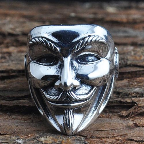 Men's Sterling Silver V for Vendetta Mask Ring - Jewelry1000.com