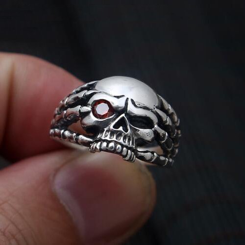 Men's Sterling Silver Red Eye Skull Ring