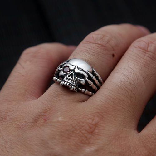 Men's Sterling Silver Red Eye Skull Ring