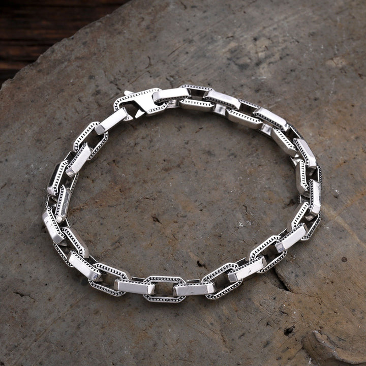 Men’s Sterling Silver Beaded Edge Rectangle Link Bracelet
