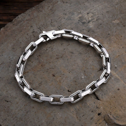 Men’s Sterling Silver Beaded Edge Rectangle Link Bracelet