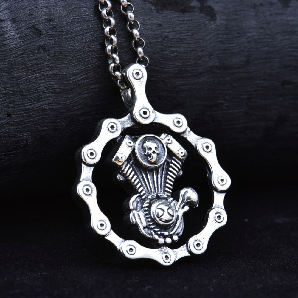 Mens Sterling Silver Bike Engine Pendant Necklace