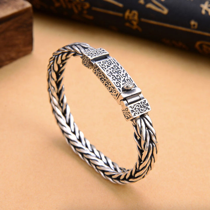 Men’s Sterling Silver Braided Bracelet with Ivy Pattern Clasp