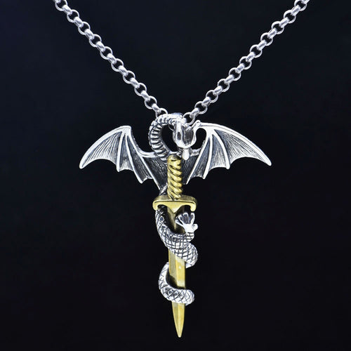 Men's Sterling Silver Flying Dragon Sword Necklace