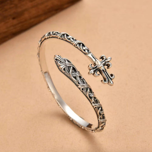 Men’s Sterling Silver Cross Cuff Bracelet with Ivy Pattern