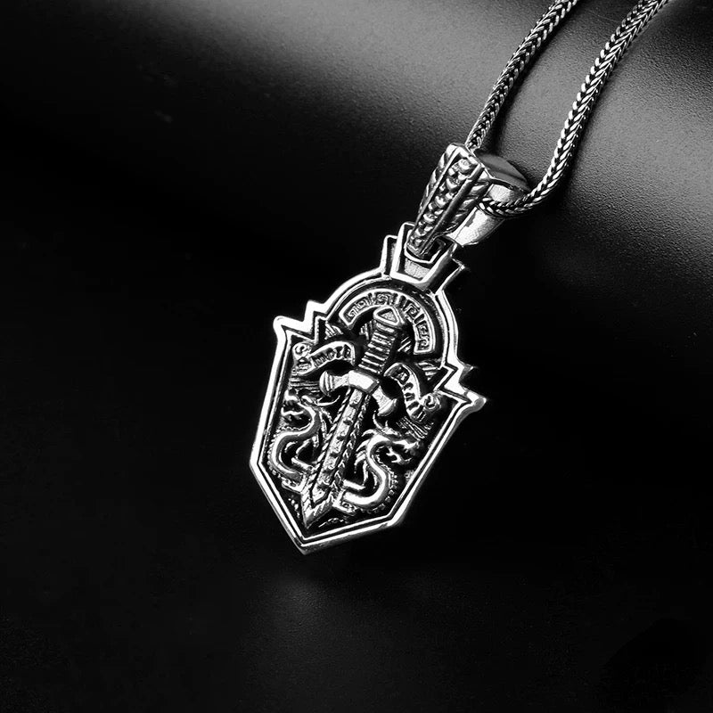 Mens Sterling Silver Sword Shield Necklace