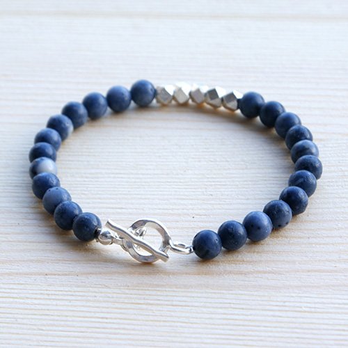 Men's Blue Coral Beaded Bracelet with Sterling Silver Beads and Clasp 6.5"-8.5"