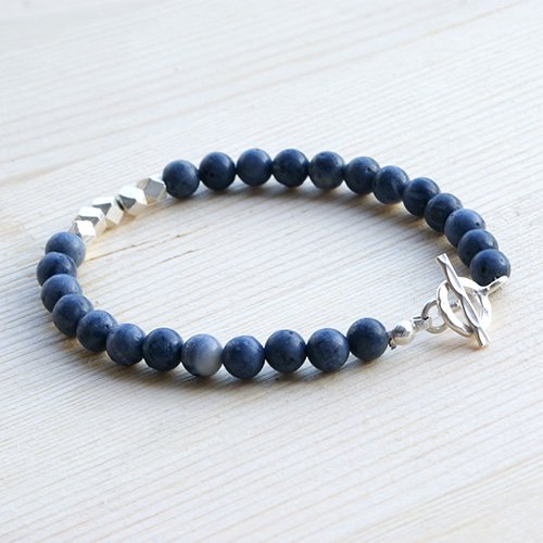 Men's Blue Coral Beaded Bracelet with Sterling Silver Beads and Clasp 6.5"-8.5"