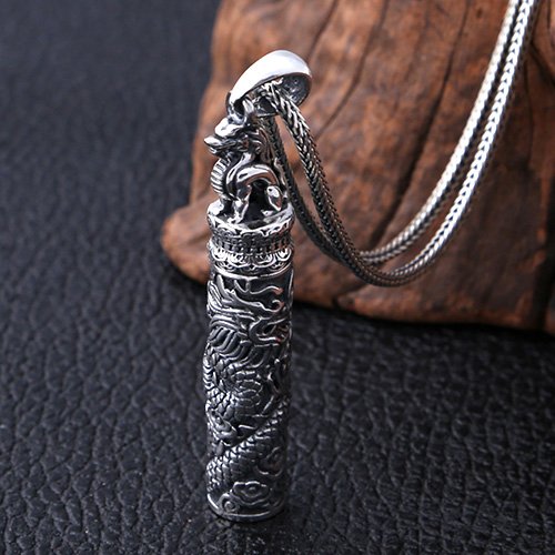 Men's Fine Silver Dragon Cylinder Pendant Necklace