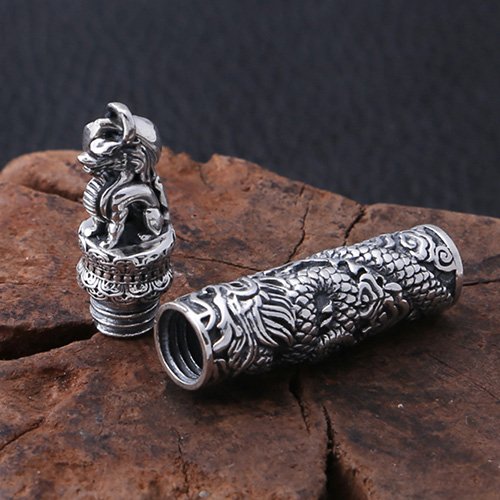 Men's Fine Silver Dragon Cylinder Pendant Necklace