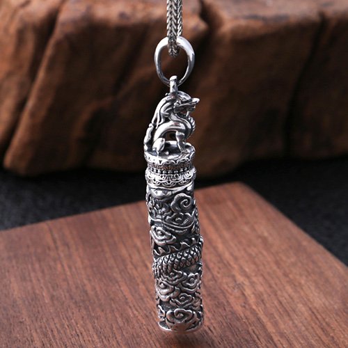 Men's Fine Silver Dragon Cylinder Pendant Necklace