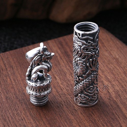 Men's Fine Silver Dragon Cylinder Pendant Necklace