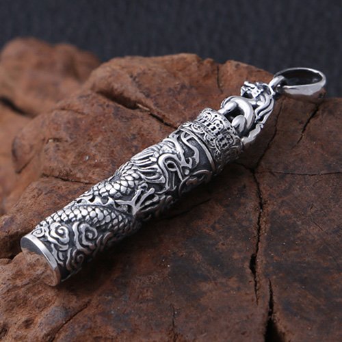 Men's Fine Silver Dragon Cylinder Pendant Necklace