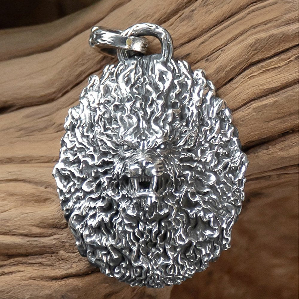 Men's Fine Silver Furious Lion Necklace