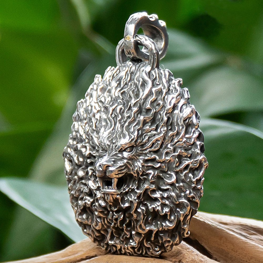 Men's Fine Silver Furious Lion Necklace