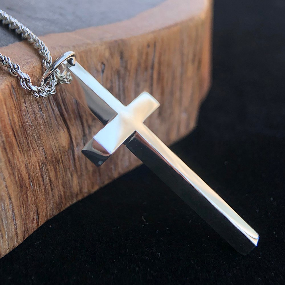 Men's Fine Silver Plain Cross Pendant Necklace