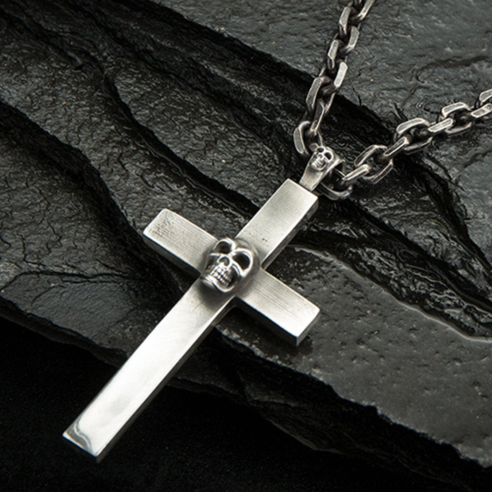 Men's Fine Silver Skull Cross Necklace