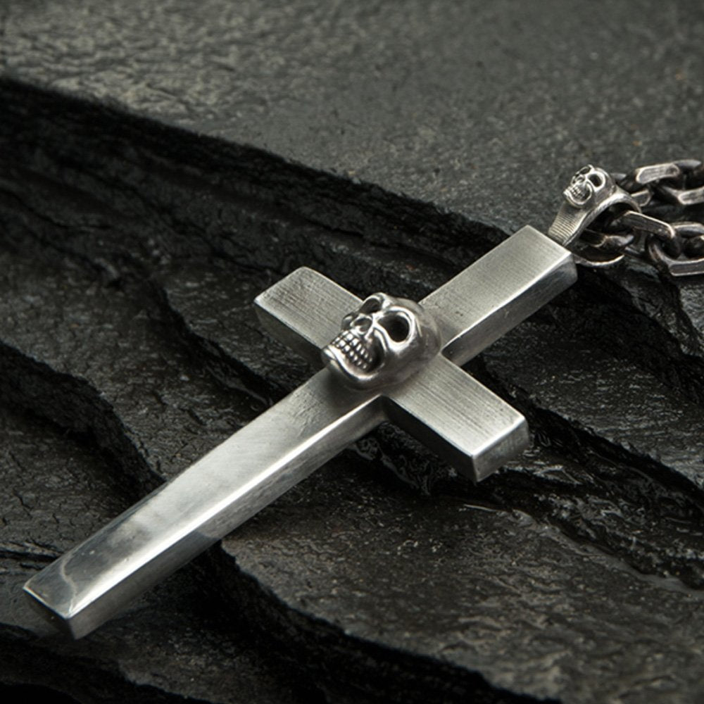 Men's Fine Silver Skull Cross Necklace