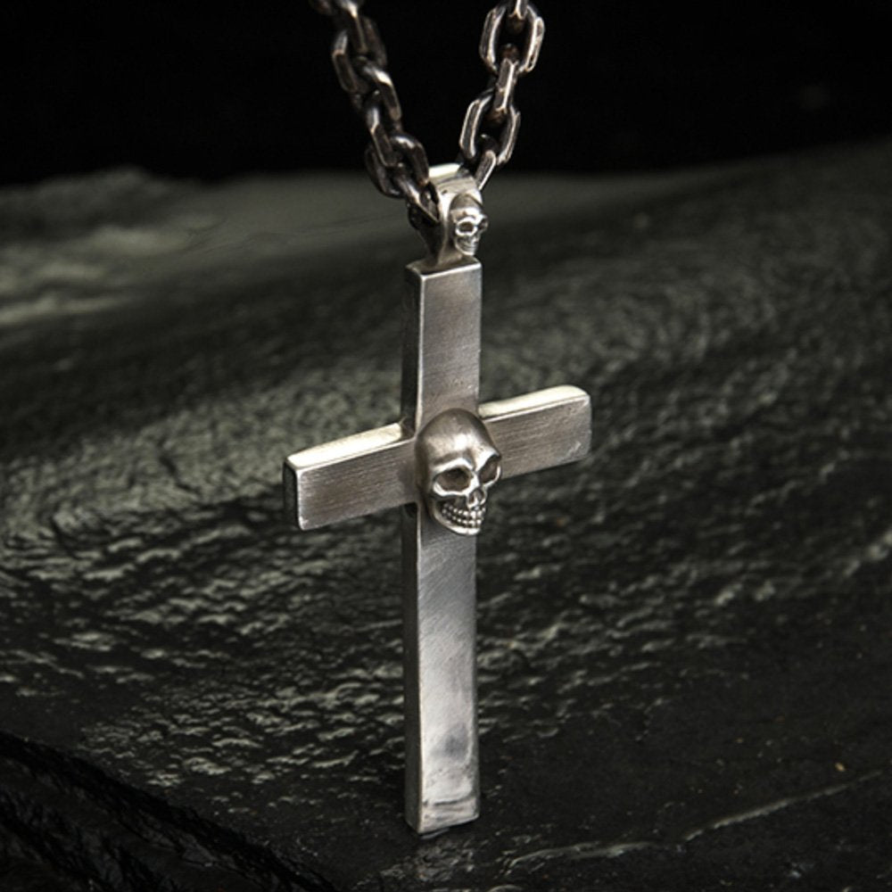 Men's Fine Silver Skull Cross Necklace