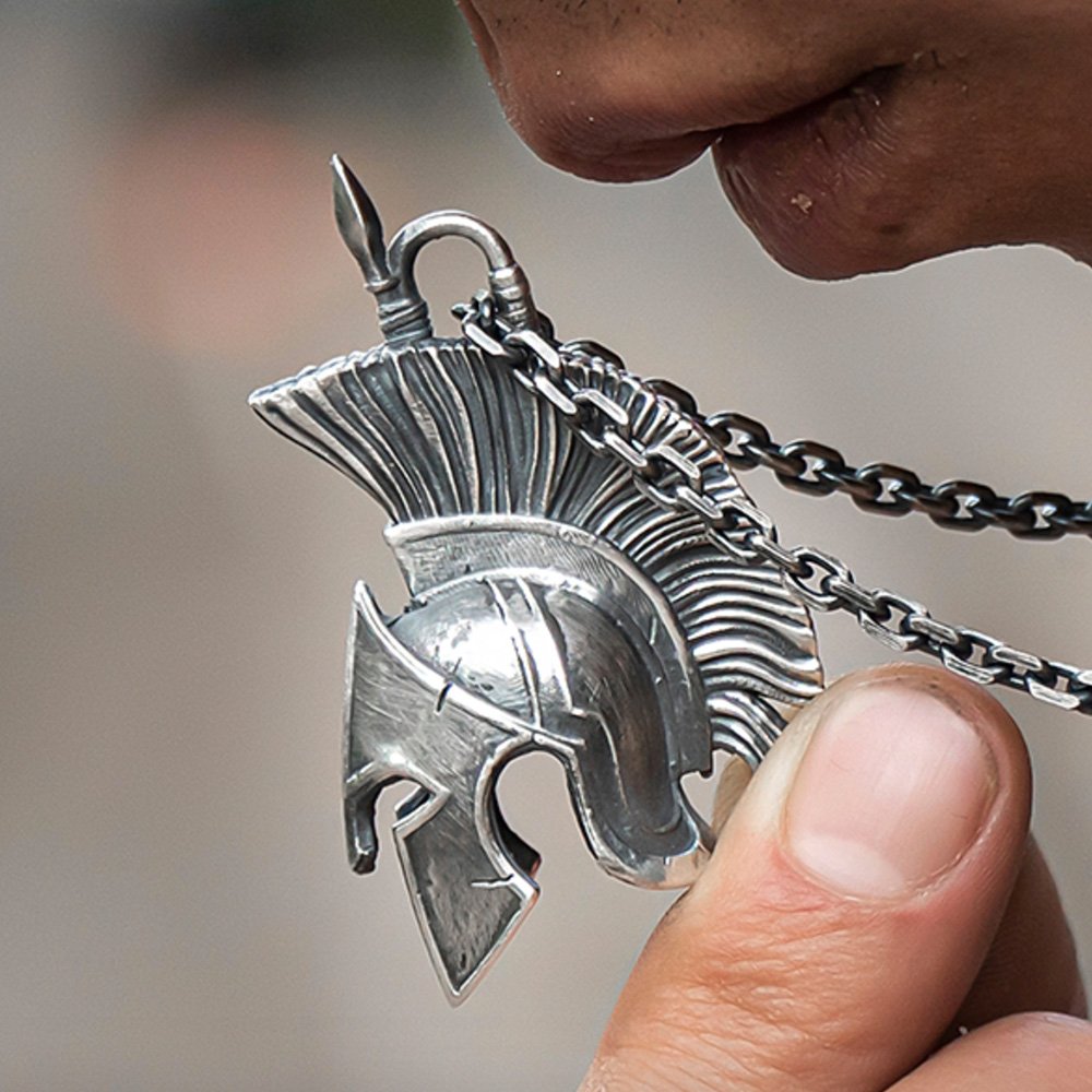 Men's Fine Silver Spartan Mask Necklace