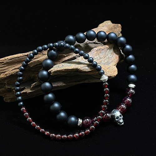 Men's January Birthstone Garnet Beaded Bracelet with Sterling Silver Charms 6.5"-8.5"