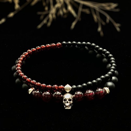 Men's January Birthstone Garnet Beaded Bracelet with Sterling Silver Charms 6.5"-8.5"