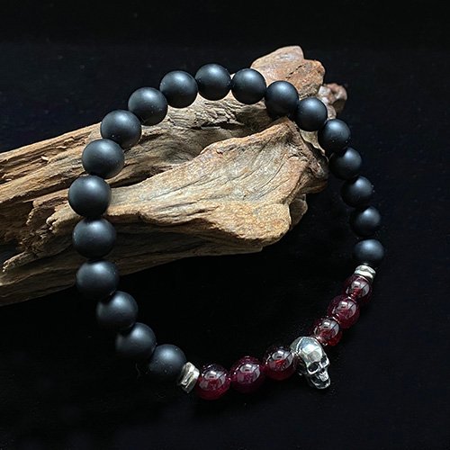 Men's January Birthstone Garnet Beaded Bracelet with Sterling Silver Charms 6.5"-8.5"