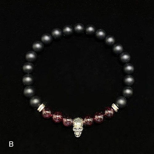 Men's January Birthstone Garnet Beaded Bracelet with Sterling Silver Charms 6.5"-8.5"