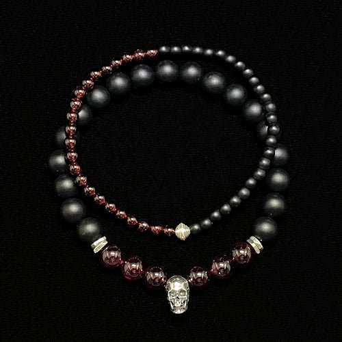 Men's January Birthstone Garnet Beaded Bracelet with Sterling Silver Charms 6.5"-8.5"