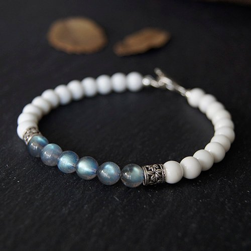 Men's Labradorite and Tridacna Beaded Bracelet with Sterling Silver Charms 6.5"-8.5"